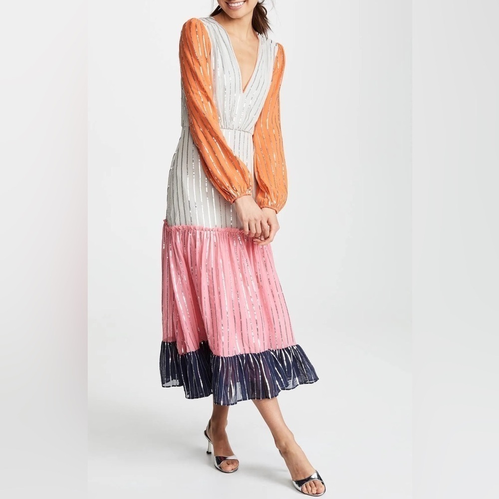 SALONI Devon Colorblock Embroidery Sequin Silk Midi Dress Multi Size 4